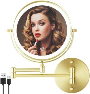 MIROAMZ Rechargeable Wall Mounted Lighted Makeup Vanity Mirror 8 Inch Double Sided 1X 10X Magnifying Bathroom Mirror, 3 Color Lighting, Touch Screen Dimming, 360 Rotation Shaving Mirror Gold