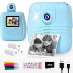 GKTZ Kids Camera Instant Print - 1080P HD Instant Print Photo - Christmas Birthday Gifts for Age 4 5 6 7 8 9 10 Girls Boys - Portable Toy with 32GB Card, 3 Rolls Photo Paper, 5 Color Pens - Blue