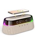 EZVALO Digital Alarm Clock, Clock Radio with Wireless Charging 15W, Bluetooth Speaker, FM Radio, Dual Alarm, 12/24H Snooze, Night Light, LED Display, Rhythm RGB Light, Timer, Alarm Clocks for Bedrooms