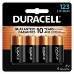 Duracell 123 3V Lithium Battery, 4 Count Pack, CR123A 3 Volt High Power Lithium Battery, Long-Lasting for Home Safety and Security Devices, High-Intensity Flashlights, and Home Automation