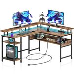 Rolanstar Computer Desk L Shaped 56.7" with LED Lights & Power Outlets, Reversible L Shaped Gaming Desk with Monitor Stand, Office Desk with Storage, Writing Desk with USB Port & Hook, Rustic Brown