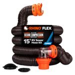 Camco RhinoFLEX 15' RV Sewer Hose Kit — Includes 4-in-1 Adapter, Clear Elbow, & Caps — Connects to 3″ Slip & 3″, 3 1/2″, 4″ NPT Threaded Sewer Connections (39770)