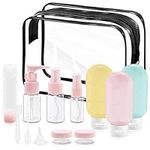 Travel Bottles Set for Toiletries, 14PCS Leakproof Travel Size Container, Refillable Liquid Empty Containers with Bag, Squeezable Makeup Pots with Label for Shampoo, Conditioner, Lotion, Toiletries