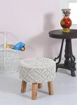 ShadowKart Pouffes Sitting Stool for Living Room, Make up Table Mudda Puffy Hand Knitted Wooden Ottoman Stools, Pouffe Footstool for Room Decoration & Dressing Table, 15x15 Inch, Macrame, White