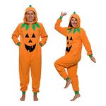 Funziez! Slim Pumpkin Adult Onesie - Jack O Lantern Halloween Costume - One Piece Cosplay Suit for Adults, Women and Men, Pumpkin, Small