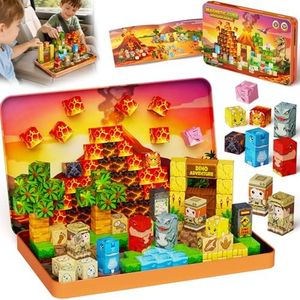 hunloot Dinosaur Magnetic Blocks Travel Toy: 1.48lb 100PCS Volcano Tin Set, 7 Dinos 2 Explorers 60-Min Multi-Kid Story, N32 Quiet Road Trip Car Airplane Activities Toys for Kids Boys Girls Ages 3-8