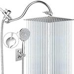 PinWin Dual Shower Head,12'' Rain Shower Head with 12'' Curved Adjustable Extension Arm/6-Setting High Pressure Handheld Shower Head Combo,Built-in Power Wash Sprayer to Clean Tub, Tile&Corner, Chrome