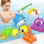 JOYIN Baby Bath Toy Set - Magnetic Fishing Toy with Fishing Rod, Mold-Free Soft Puffer & Clown Fish, Spinning Octopus and Starfish, Wind-up Shark and Turtle - Sensory Development for Infants & Toddler