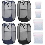 4Pcs Mesh Folding Laundry Baskets, BOJVESH 75L Large Pop up Laundry Hamper Bins Collapsible with Handles and 4 Washing Bags, Portable Washing Basket Foldable Cleaning Basket for Bedroom Bathroom