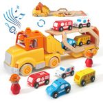 Toddler Car Toys for 2 3 4 5 Years Old Kids, Transport Carrier Truck Toy with 4 Wooden Vehicle, 24IN Foldable Track Trailer with Light & Sound Effects