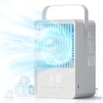 FERRISA Portable Air Conditioner, Mini 4-IN-1 Cooler Humidifier with 3 Wind Speed modes & 7 LED Light, USB Desktop Cooling Fan with Handle & 2 Cool Mist modes for Home, Office, Camping