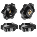 HARFINGTON 4pcs Star Knobs M6 Female Thread 32mm Head Plastic Through Hole Brass Screw-in Clamping Handles Threaded Hand Knobs, Black