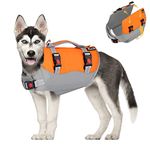 SlowTon Dog Life Jacket, Reflective Ripstop Adjustable Dog Life Vest Preserver with Rescue Handle and One Piece Belly Support Superior Buoyancy, Pet Safety Flotation Swimsuit (Orange&Grey, L)