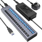 90W Powered USB Hub - ACASIS 16 Ports USB 3.0 Data Port, Aluminum Housing, Individual On/Off Switches, 12V/7.5A Power Adapter, USB Charging Hub/USB Splitter for Laptop, PC, Computer, Printer