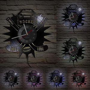 Timethink 12'' Hockey LED Vinyl Record Wall Clock with 7 Colors Changing, Hockey Sticks and Puck Hanging Night Light Wall Clock Watch for Hockey Fans Gift Man Cave Wall Decor Hockey Club Team Logo