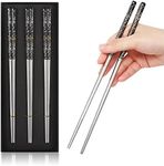 Stainless Steel Chopsticks Reusable Titanium Plated Metal Chopsticks Premium Japanese Gift Set Dishwasher Safe (3 Pairs - Black)
