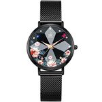 SHENGKE Creative Starry Star Women Watch with Stainless Steel Mesh Band Genuine Leather Elegant Women Watches (Flower-Mesh Band-Black)