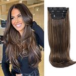 Hair Extensions Clip in 4pcs Light Chocolate with Highlights Hair Extension Synthetic Long Straight Thick Full Head Wavy Hair Pieces for Women…