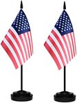 USA Desk Flag Set, 2 Pack American US Table Office Flags, Small Mini Desktop Flag With 12" Solid Black Pole, Black Base, Miniature Desktop Flag