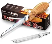 Prikoi Electric Knife - Easy-Slice Serrated Edge Blades Carving Set for Meat, Bread, Turkey, Ribs, Fillet, DIY, Ergonomic Handle + 2 Blades for Raw & Cooked Food(Faux Wood)