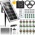 Solar Automatic Drip Irrigation Kit with 15 Drippers/15m Water Pipe/Warning Function, Solar Irrigation System with 12 Timing Modes, Easy DIY Solar Outdoor/Indoor Watering System for Plant, Garden