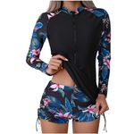 Generic Warehouse Amazon Outlet Store Women Two Piece Rash Guard Long Sleeve Swimwear Uv UPF 50+ Bathing Suit Tropical Print Swim Shirt with Boyshort Bottom Rash Guard Swimsuit Women