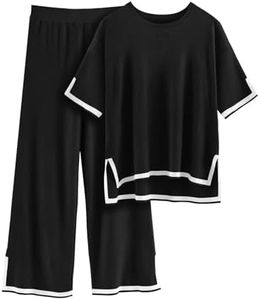 HEEKPEK 2 Piece Sets for Women Summer Outfits Travel Lounge Short Sleeve Sweater Matching Knit Pullover Tops Wide Leg Pants, Black, Large