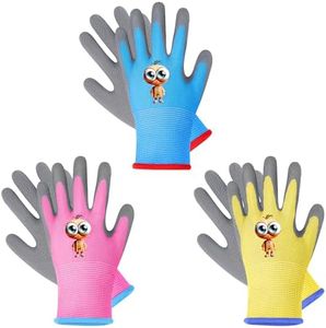 LveSunny Kids Gardening Gloves 3Pair Cute Cartoon Design, Rubber Coated Non-Slip Safety Gloves for Ages 3-5, for Toddlers, Youth, Childrens, Outdoor, Planting