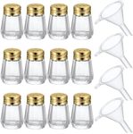 Potchen 12 Pcs Cube Shape Glass Mini Pepper Shakers Restaurant 0.5 oz Small Salt Shakers Set Clear Spice Shaker with 4 Pieces Plastic Mini Funnels for Wedding Home Party (Golden)