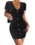 Beyove Women Fashion Sexy Ruched Elegant Bodycon Short Sleeve Solid Color Casual Basic Fitted Short V Neck Dresses Black M