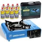 GREEN HAVEN Blue Portable Camping Stove with Cary Case & 8 Butane Gas | Premium Camping Gas Stove |EN417 Compliant Camping Stove Gas Portable | Gas Camping Stove with Automatic Ignition & Heat Control