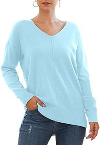 Jouica Women's Casual V Neck Long Sleeve Knit Top Loose Pullover Sweater,Light Blue,X-Large