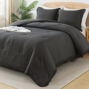 Andency Comforter King Size Bed Set Dark Grey, 3 Pieces Boho Lightweight Winter Bedding Comforters & Sets, All Season Soft Tassel Bed Set (104x90In Comforter & 2 Pillowcases)