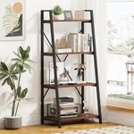 BON AUGURE Industrial Ladder Shelf Bookcase, 4 Tier Rustic Ladder Bookshelf, Standing Leaning Book Shelves for Living Room (Rustic Oak)