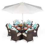 Arizona Luxury Rattan Dining Set | Round 6 Seater Brown Rattan Dining Set | Outdoor Poly Rattan Garden Table & Chairs Set | Patio Conservatory Wicker Garden Dining Furniture with Parasol & Cover