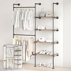 Woskar Industrial Pipe Clothing Rack with Shelves - Heavy Duty Hanging Rod Closet Organizer for Bedroom, Wardrobe Storage