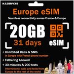 Prepaid eSIM for Europe Travel with 12GB of 4G Data, Unlimited Calls and SMS in Europe with France Phone Number, 30 mins and 200 SMS from Europe to Worldwide(Lasts for 31 Days),Tethering Allowed