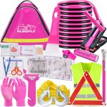 HLWDFLZ Car Roadside Emergency Kit - Pink Roadside Assistance Emergency Kit with Jumper Cables, Reflective Warning Triangle, Deer Whistles, Winter Car Safety Roadside Assist Kit for Teen Girl, Ladies