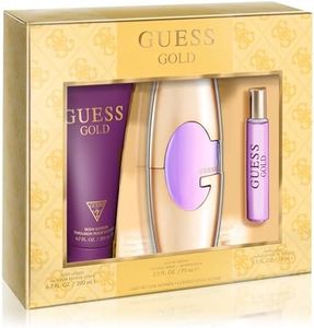 GUESS Gold Women/Femme Eau de Parfum 3 Piece Gift Set - Perfume Spray 2.5 Fl. Oz., Travel Spray 0.5 Fl. Oz., & Body Lotion 6.7 Fl. Oz.