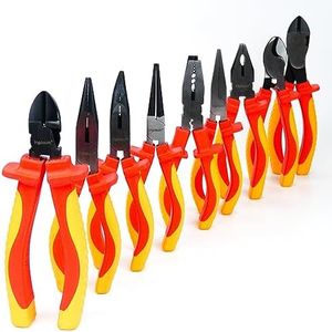 INGDAUM® VDE - Juego de 9 alicates de corte lateral, cortadores laterales de fuerza, tijeras para cables, alicates de punta curvada y recta, alicates planos, alicates redondos, aislados contra 1000 V