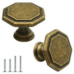 FURFITT 10 Pack Antique Brass Cabinet Knobs Octagon 1-3/8 Inch(35mm) Retro Brass Dresser Drawer Knobs Vintage Kitchen Cupboard Pulls Bathroom Furniture Hardware