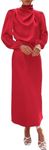 BTFBM Women's Mock Neck Satin Dress Elegant Long Sleeve Elastic High Waist Formal Wedding Cocktail Party Maxi Dresses(Solid Red, Medium)