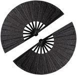 Tkocisa 2 Pack Large Folding Hand Fans Clack Handheld Fan for Party, Glitter Festival Hand Fan Large Rave Folding Hand Fan for Concert, Party, Festival, Halloween or Home Decorations(Black)