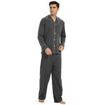 U2SKIIN Mens 100% Cotton Pajama Set, Soft Long Sleeve Pajamas for Men Lightweight Button Up Sleepwear Lounge Pjs Set with Pockets（Dark Grey Mel.,L）