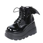 Womens Platform Boots Goth Punk Block Heel Mid Calf Boots Lace Up Black Combat Boots Halloween Wing Motorcycle Boots, Black, 8.5