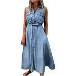 Maxi Dresses for Women UK Summer Casual Loose Long Dress Sale Clearance Women Solid Sleeveless Frenulum Denim Jacket Jean Long Dresses Slouchy Loungewear Going Out UK