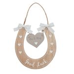 Widdop and Co Wedding Horseshoe Gift - 'Good Luck' with ' Mr & Mrs' Hanging Love Heart - Wooden Horseshoe Gift Decorated with Hearts & Bow Ribbons