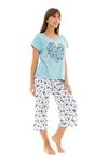 Womens 100% Cotton Jersey Short Sleeved Cropped Leg Animal, Butterfly, Bear & Heart Design Pyjamas (as8, numeric, numeric_16, numeric_18, regular, regular, DUCK EGG)