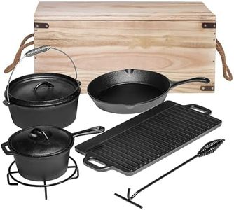 Bruntmor Pre-Seasoned 7 Piece Heavy Duty Cast Iron Dutch Oven Camping Cooking Set with Vintage Carrying Storage Box