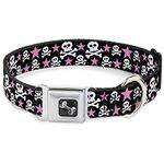 Buckle-Down DC-W31915-S Dog Collar Seatbelt Buckle, Skulls & Stars Black/White/Pink, 1" X 9-15"